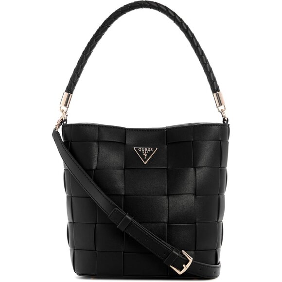 Maylee Womens Woven Faux-Leather Black Bucket Bag with Gold Hardware Adjustable